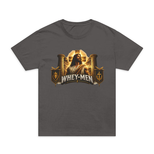 Whey-Men Protein Gym T-Shirt — Vintage Religious Gym Humor Tee