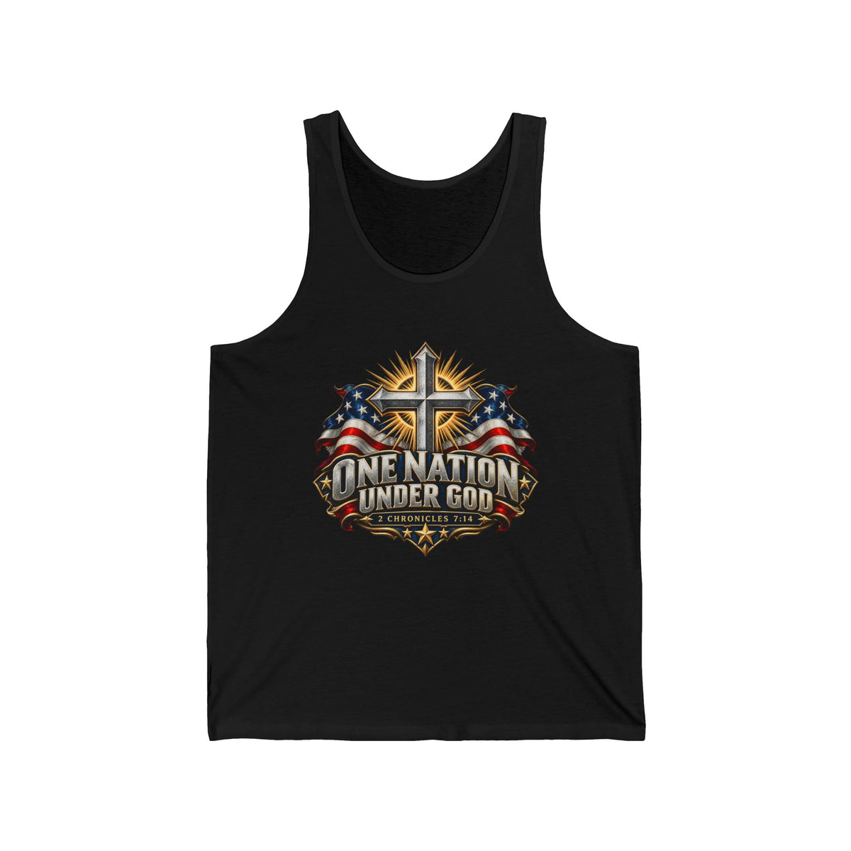 Patriotic 'One Nation Under God' Tank Top — American Flag & Cross Graphic