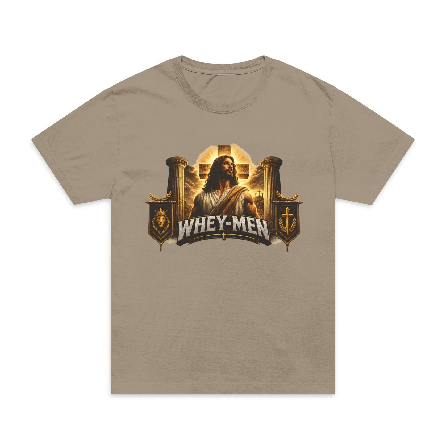 Whey-Men Protein Gym T-Shirt — Vintage Religious Gym Humor Tee