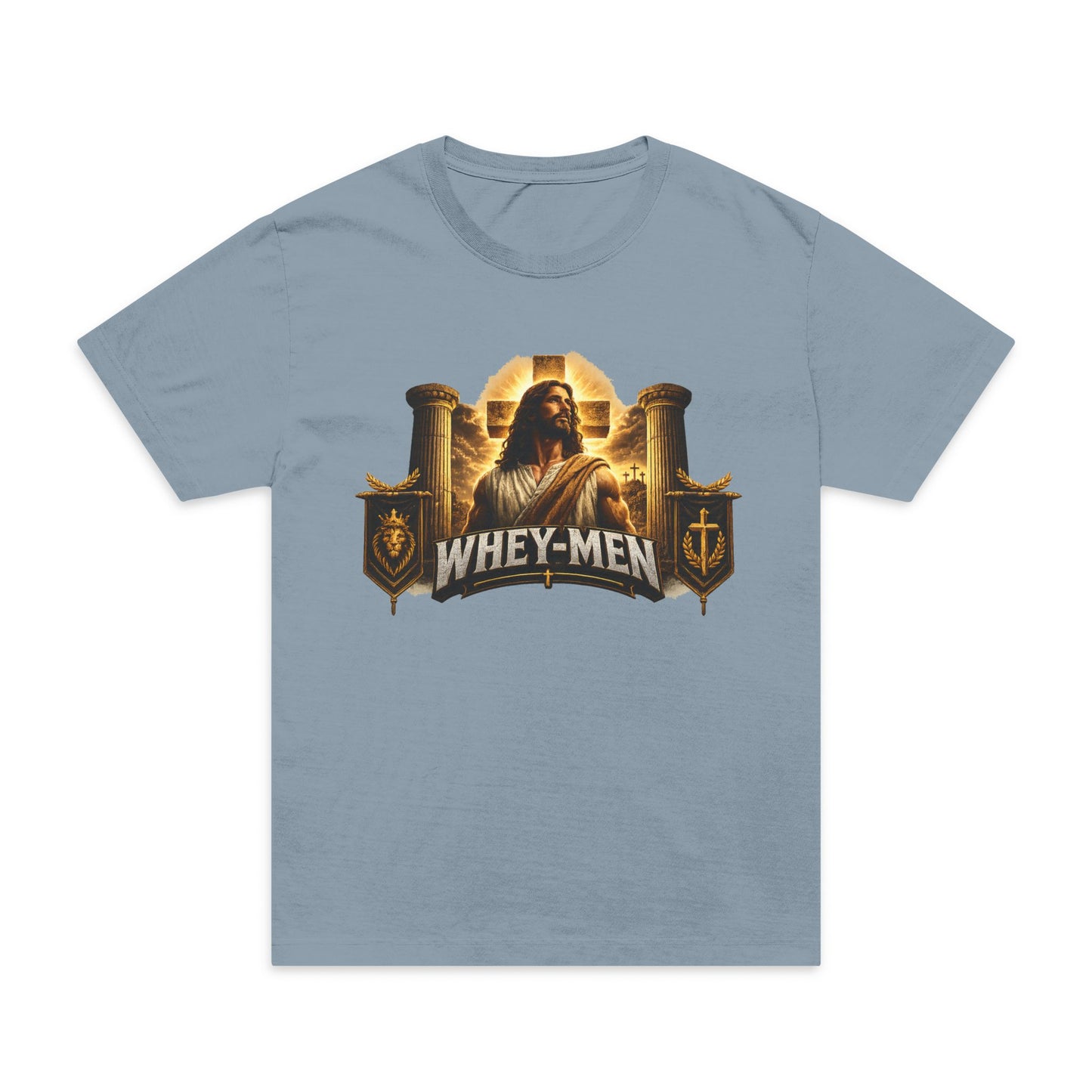 Whey-Men Protein Gym T-Shirt — Vintage Religious Gym Humor Tee
