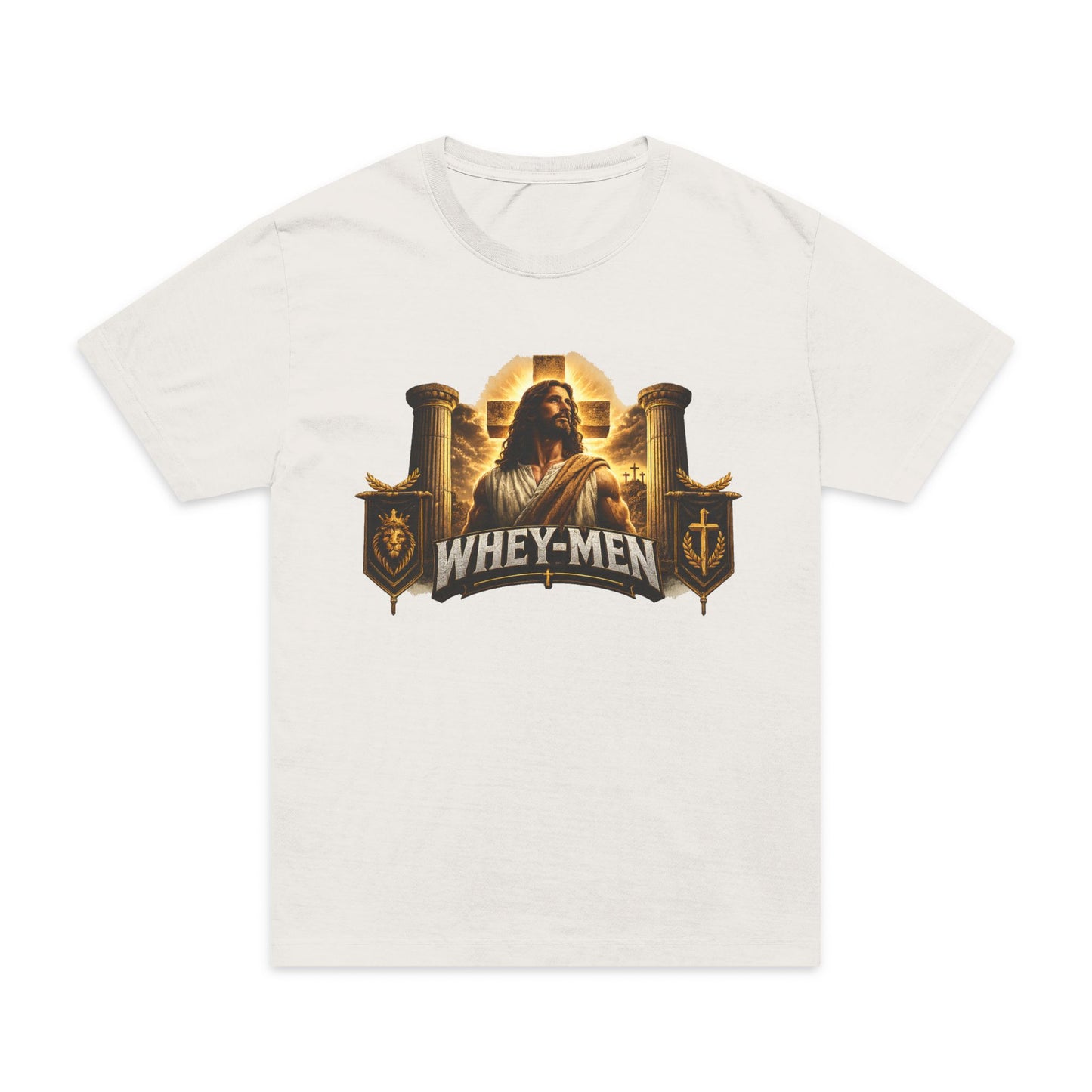 Whey-Men Protein Gym T-Shirt — Vintage Religious Gym Humor Tee