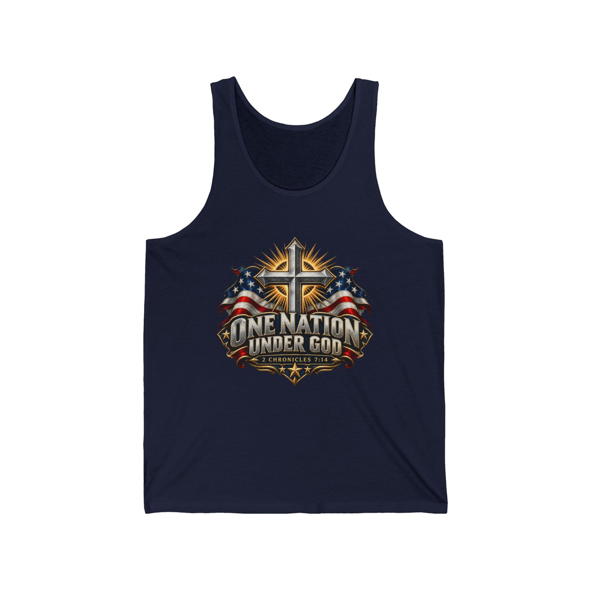Patriotic 'One Nation Under God' Tank Top — American Flag & Cross Graphic