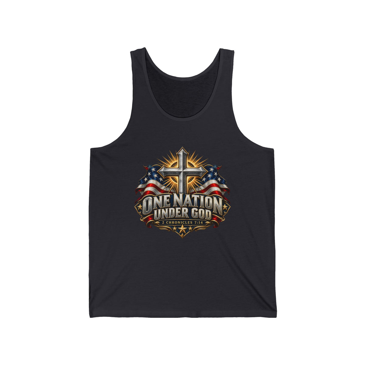 Patriotic 'One Nation Under God' Tank Top — American Flag & Cross Graphic