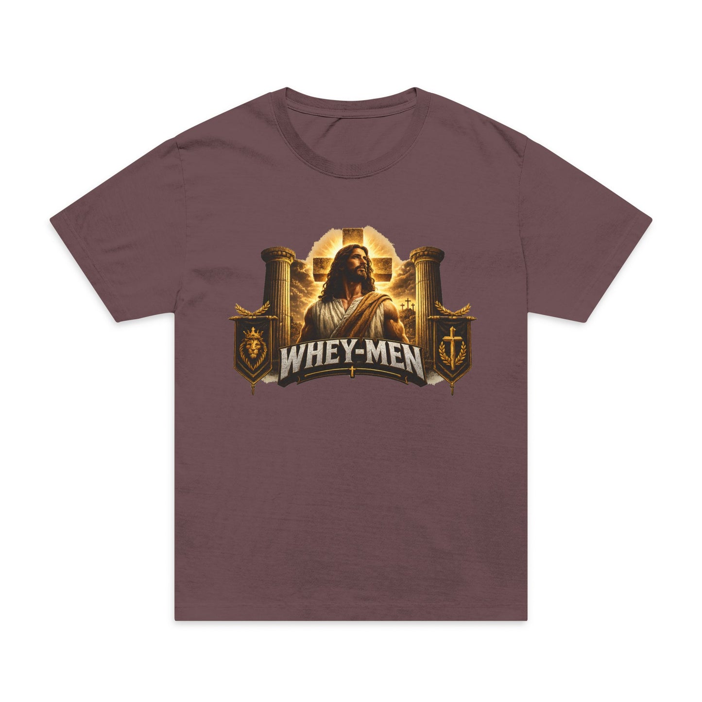 Whey-Men Protein Gym T-Shirt — Vintage Religious Gym Humor Tee