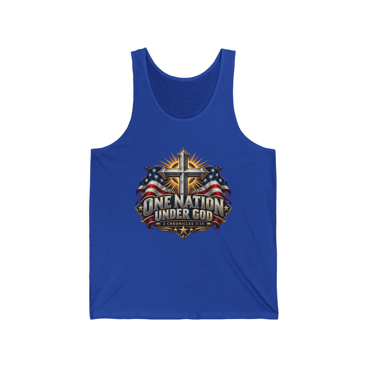 Patriotic 'One Nation Under God' Tank Top — American Flag & Cross Graphic