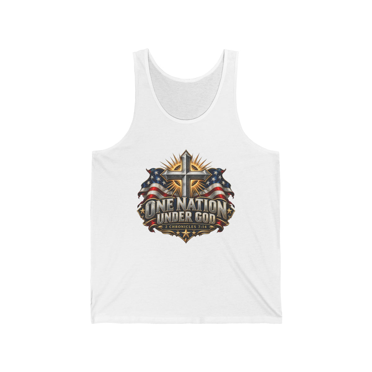 Patriotic 'One Nation Under God' Tank Top — American Flag & Cross Graphic