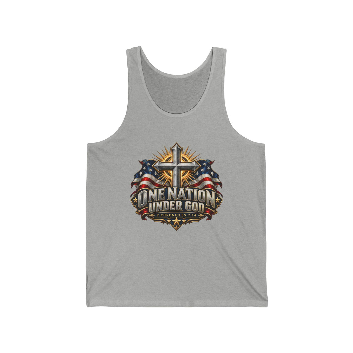 Patriotic 'One Nation Under God' Tank Top — American Flag & Cross Graphic